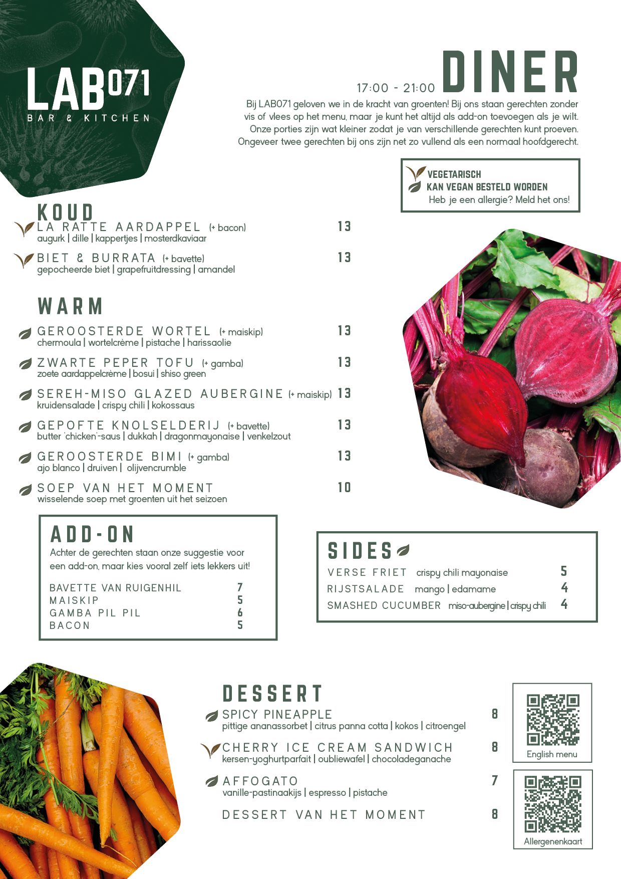 Dinerkaart LAB071 Leiden met vegetarische seizoensgerechten, geserveerd vanaf 17:00