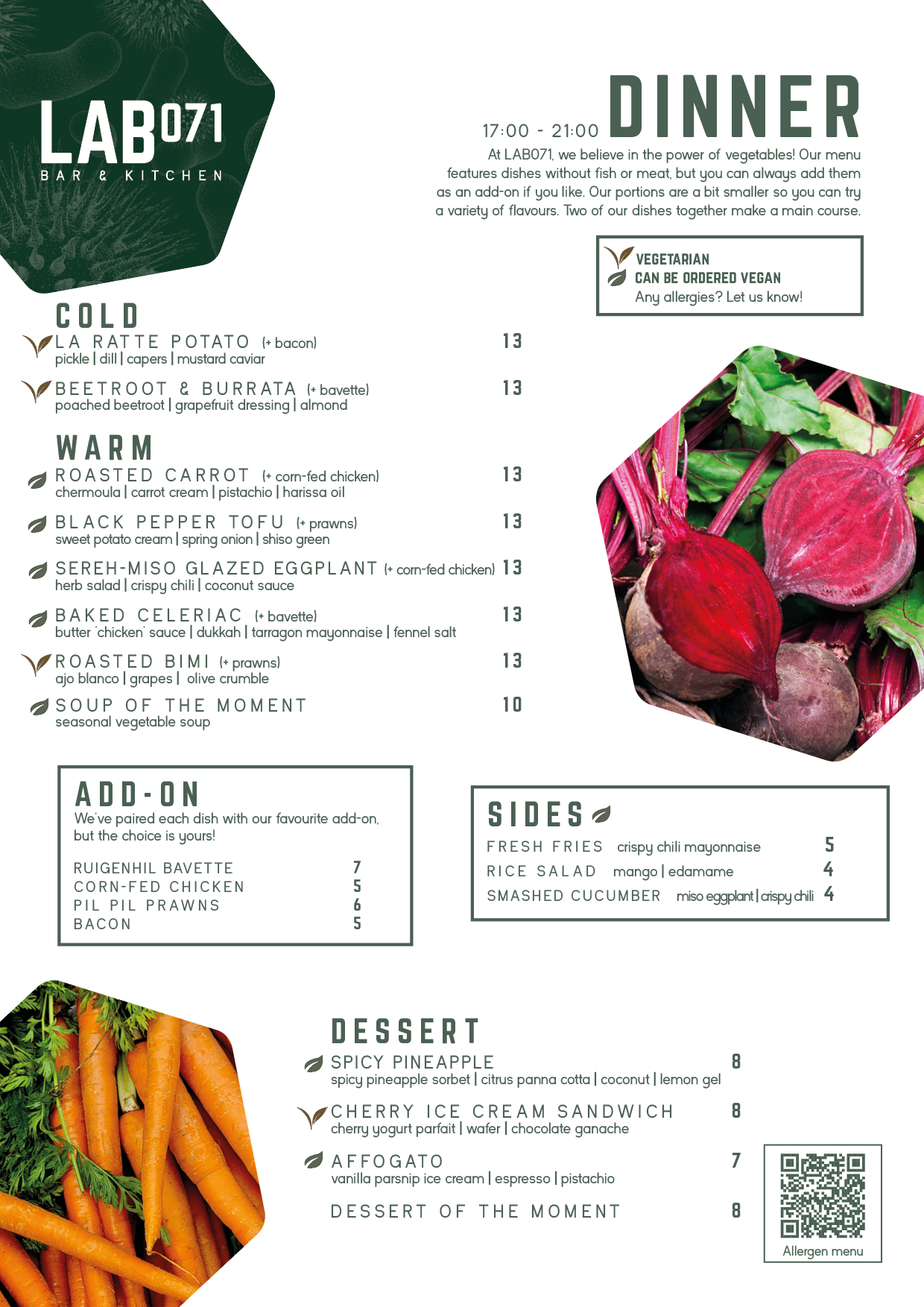 Dinner menu LAB071 Leiden with seasonal vegetarian dishes, served from 17:00